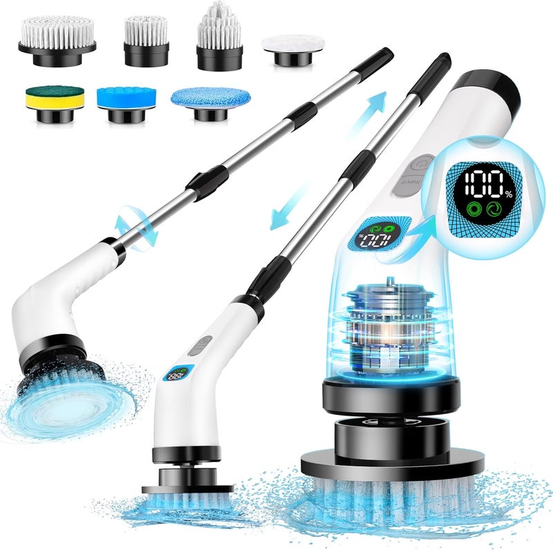 ALPONO Electric Spin Scrubber for Cleaning - Bathroom Floor Shower Scrubber with Long Handle Cordless Handheld Power Spin Brush, IPX7 7in1 400RPM LED-Screen Fast Charging - Image 1